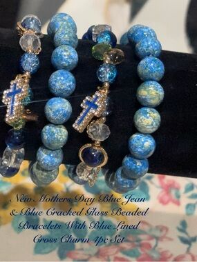 NEW MOTHERS DAY BLUE JEAN CRACKED BEADED BRACELETS WITH BLUE LINE CROSS 4PC SET
